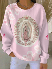 Women's Virgin Mary Pink Breast Cancer Awareness Ribbed Round-Neck Sweatshirt