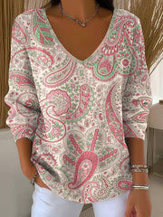 Women's Pink Art Print V-Neck Ribbed Top